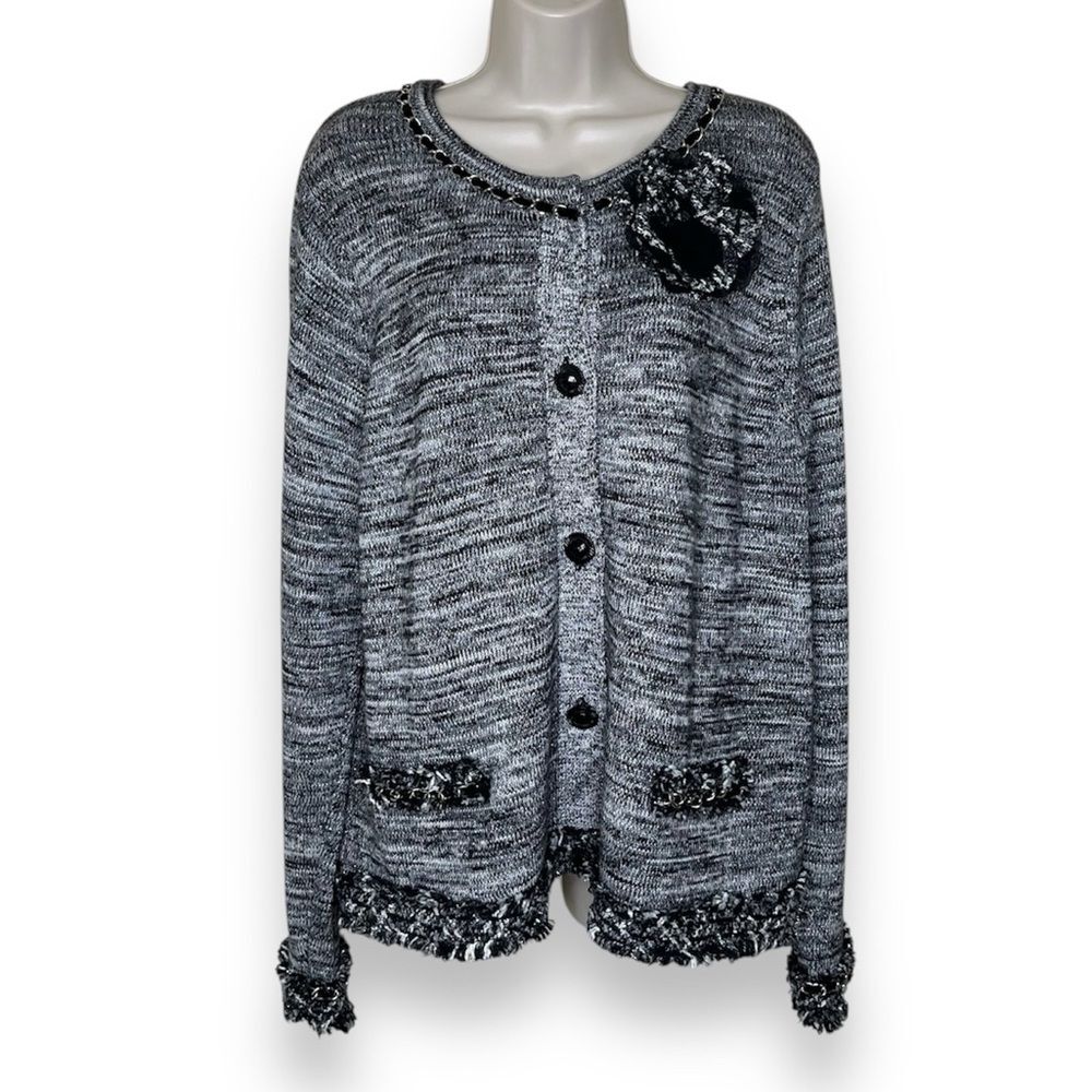 Lane Bryant Metallic Fringe Button Front Cardigan Black White Women Size 14/16